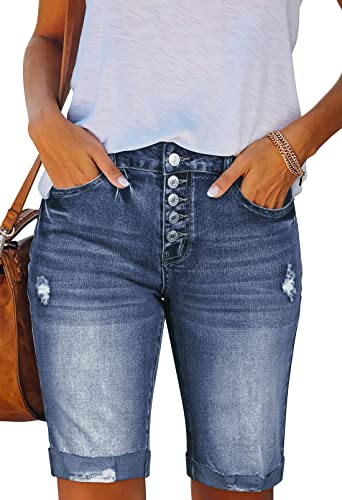 Sovoyontee Damen Denim Frayed Shorts Gerissen Notleidend Mid-High Waist Bermuda Hose Manschette Saum Jean Tiefblau 2XL von Sovoyontee