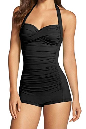 Sovoyontee Damen Einteiler Bauchweg Bademode Boyleg Ruched Badeanzug, schwarz, Large von Sovoyontee