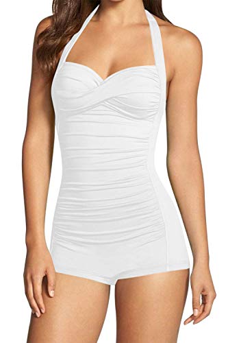 Sovoyontee Damen Einteiler Bauchweg Bademode Boyleg Ruched Badeanzug, Weiß, Large von Sovoyontee