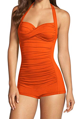 Sovoyontee Damen Einteiler Bauchweg Bademode Boyleg Ruched Badeanzug, Leuchtendes Neon-Orange, Medium von Sovoyontee