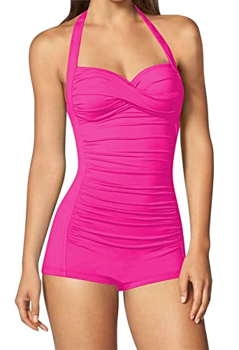 Sovoyontee Damen Einteiler Bauchweg Bademode Boyleg Ruched Badeanzug, Rosenrot, XL von Sovoyontee