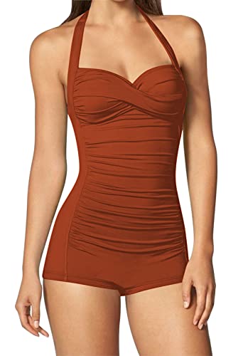 Sovoyontee Damen Einteiler Bauchweg Bademode Boyleg Ruched Badeanzug, burnt orange, S von Sovoyontee