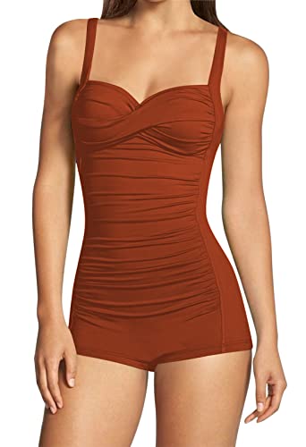 Sovoyontee Damen Einteiler Bauchweg Bademode Boyleg Rüschen Badeanzug, #02 Burnt Orange Shoulder Style, Medium von Sovoyontee