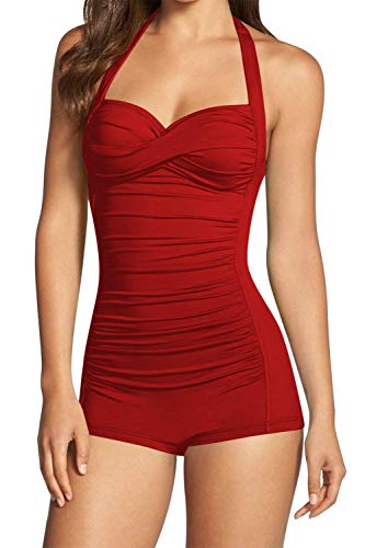 Sovoyontee Damen Einteiler Bauchweg Bademode Boyleg Ruched Badeanzug, Rot/Ausflug, einfarbig (Getaway Solids), Large von Sovoyontee