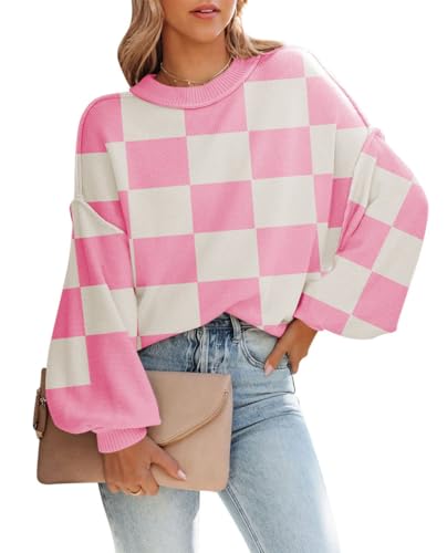 Sovoyontee Damen Geripptes Pullover Sweater Fledermausärmel Rundhalsausschnitt Lässig Locker Hellrosa L von Sovoyontee