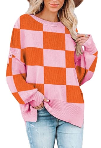 Sovoyontee Damen Geripptes Pullover Sweater Fledermausärmel Rundhalsausschnitt Lässig Locker Orange S von Sovoyontee