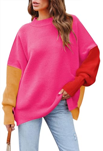 Sovoyontee Damen Geripptes Pullover Sweater Fledermausärmel Rundhalsausschnitt Lässig Locker Rosenrot M von Sovoyontee