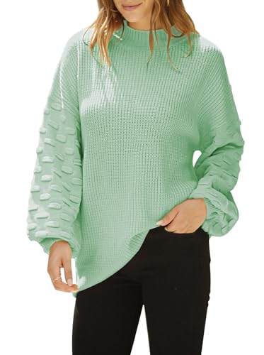 Sovoyontee Damen Herbst Oversized Rundhalsausschnitt Lange Puffärmel Grobstrick Pullover Pullover Tops, Hellgrün, Mittel von Sovoyontee