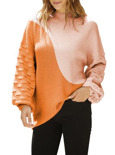 Sovoyontee Damen Herbst Oversized Rundhalsausschnitt Lange Puffärmel Grobstrick Pullover Pullover Tops, Orange unregelmäßige Nähte, Mittel von Sovoyontee