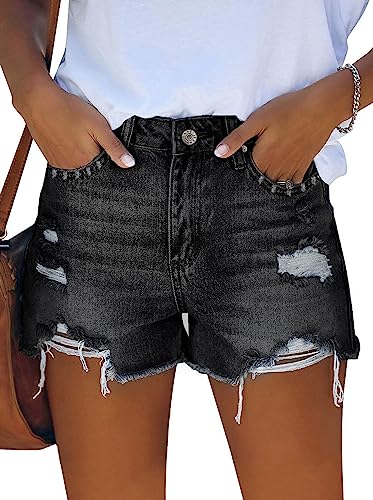 Sovoyontee Damen High Waisted Denim Shorts Casual Ripped Sommer Hot Pants Frayed Distressed Jeans Taschen Schwarz L von Sovoyontee