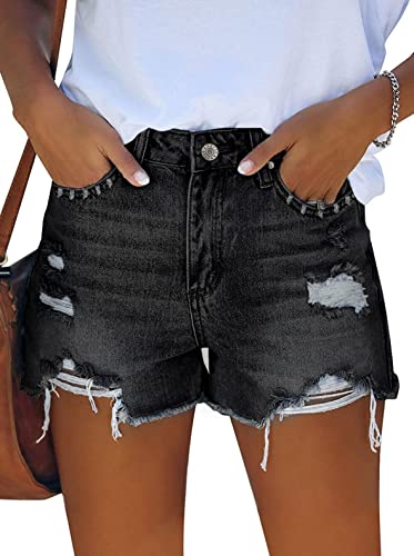 Sovoyontee Damen High Waisted Denim Shorts Casual Ripped Sommer Hot Pants Frayed Distressed Jeans Taschen Schwarz XXL von Sovoyontee