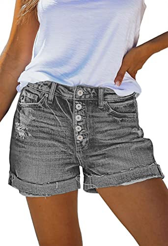 Sovoyontee Damen Hohe Taille Ausgefranste Denim Kurze Hose Zerrissener Destroyed Jeans Distressed Hot Pants Grau 2XL von Sovoyontee