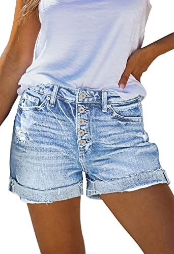 Sovoyontee Damen Hohe Taille Ausgefranste Denim Kurze Hose Zerrissener Destroyed Jeans Distressed Hot Pants Hellblau L von Sovoyontee
