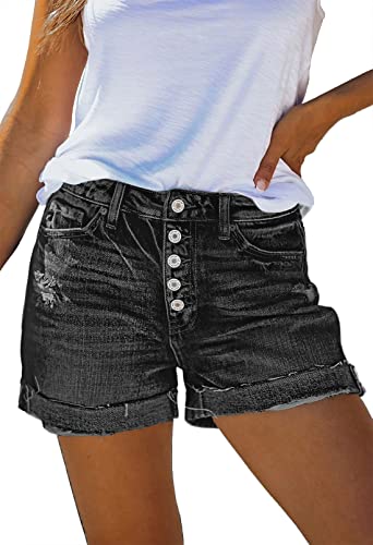 Sovoyontee Damen Hohe Taille Ausgefranste Denim Kurze Hose Zerrissener Destroyed Jeans Distressed Hot Pants Schwarz 2XL von Sovoyontee