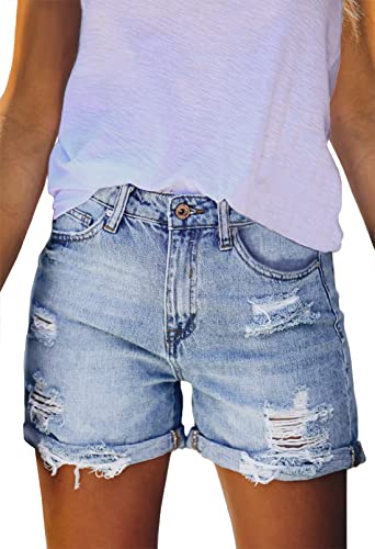 Sovoyontee Damen Hohe Taille Denim Kurze Hose Ausgefranste Distressed Zerrissener Jeans Destroyed Sommer Blau S von Sovoyontee