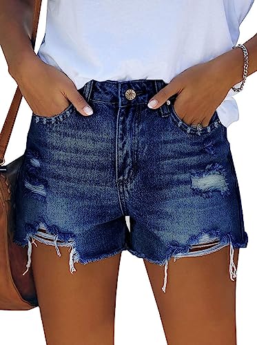 Sovoyontee Damen Hohe Taille Denim Shorts Lässig Ripped Sommer Hot Pants Frayed Distressed Jeans Taschen Blau L von Sovoyontee