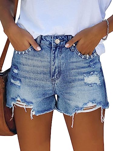 Sovoyontee Damen Hohe Taille Denim Shorts Lässig Ripped Sommer Hot Pants Frayed Distressed Jeans Taschen Himmelblau M von Sovoyontee