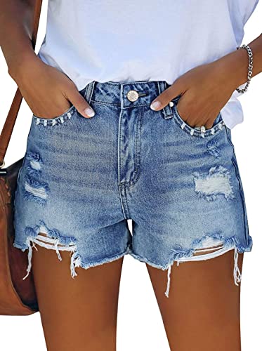Sovoyontee Damen Hohe Taille Denim Shorts Lässig Ripped Sommer Hot Pants Frayed Distressed Jeans Taschen Himmelblau M von Sovoyontee