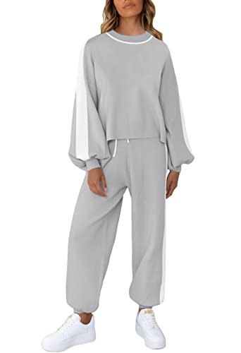 Sovoyontee Damen Jogginganzug Loungewear 2-Teiliges Lounge Set Sweatsuit Strickpullover Langarm Trainingsanzug Grau L von Sovoyontee