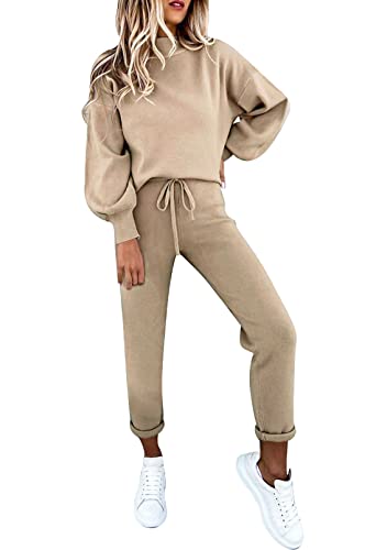 Sovoyontee Damen Lässig Trainingsanzug Pyjamas Hoher Hals Pullover Sweatshirt Lounge 2-Teiliges Outfits Set Khaki S von Sovoyontee
