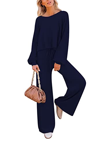 Sovoyontee Damen Langarm Kurz Top Sweatsuit Loungewear Weitem Hose Strick Pullover Trainingsanzug 2-Teiliges Set Marineblau M von Sovoyontee