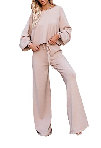 Sovoyontee Damen Langarm Kurz Top Sweatsuit Trainingsanzug Strick Pullover Loungewear Weitem Hose 2-Teiliges Set Aprikose L von Sovoyontee