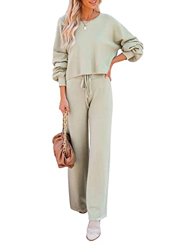 Sovoyontee Damen Langarm Kurz Top Sweatsuit Trainingsanzug Strick Pullover Loungewear Weitem Hose 2-Teiliges Set Grün L von Sovoyontee