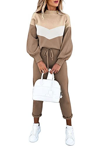 Sovoyontee Damen Langarm Trainingsanzug Pyjamas Hoher Hals Pullover Sweatshirt Lounge 2-Teiliges Outfits Set Farbblock XL von Sovoyontee