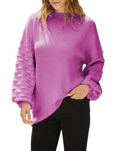 Sovoyontee Niedlicher Übergroßer Damen-Pullover mit Rundhalsausschnitt, lockere Puffärmel, Grobstrick, Helles Violett, Mittel von Sovoyontee