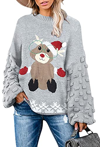Sovoyontee Damen Oversize Pullover Cute Ugly Christmas Sweater, Hellgraues Streifenhörnchen, Mittel von Sovoyontee