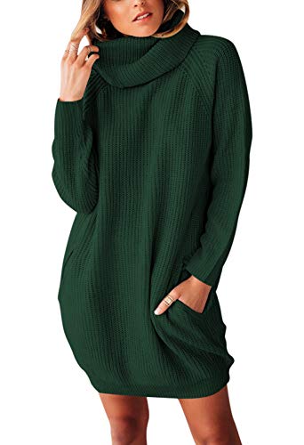 Sovoyontee Damen Dunkelgrün Langarm Baggy Oversized Rollkragen Pullover Pulloverkleid mit Taschen L, Dunkelgrün, Groß von Sovoyontee