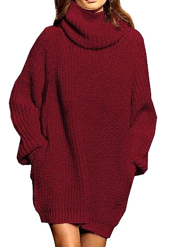 Sovoyontee Damen 2023 Herbst Rollkragen Übergroße Lose Langarm Grobstrick Pullover Kurz Pullover Kleider mit Taschen, rubinrot, Klein von Sovoyontee