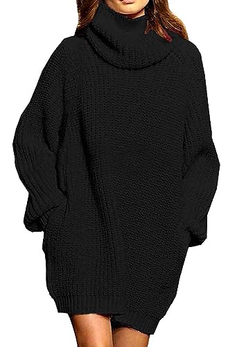 Sovoyontee Damen 2023 Herbst Rollkragen Oversized Lose Langarm Grobstrick Pullover Kurz Pulloverkleid mit Taschen, Schwarz, Groß von Sovoyontee