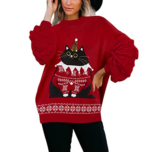 Sovoyontee Damen Oversized Pullover Cute Ugly Christmas Sweater, Rot – Katze in Weihnachtsmann-Mütze, Klein von Sovoyontee