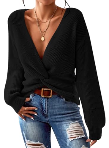 Sovoyontee Damen Pullover Casual V Ausschnitt Langarm Strickpullover Twist Knoten Mode Jumper Cropped Tops Schwarz XL von Sovoyontee
