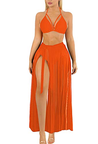 Sovoyontee Sexy Damen-Bikini-Set, 3-teilig, mit Rock, Neonorange, Größe S, Orange/Abendrot im Zickzackmuster (Sunset Chevron), S von Sovoyontee