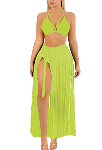 Sovoyontee Damen Sexy 3 Stück Badeanzug Bikini Sets mit Rock Cover Up, neon green, S von Sovoyontee