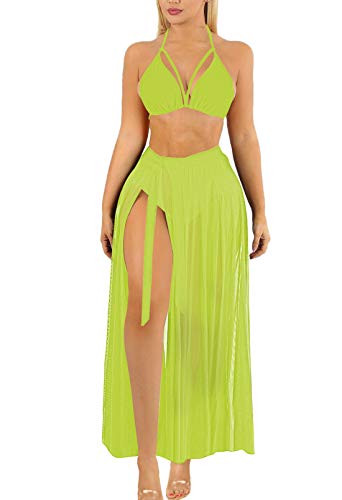 Sovoyontee Damen Sexy 3 Stück Badeanzug Bikini Sets mit Rock Cover Up, neon green, XL von Sovoyontee