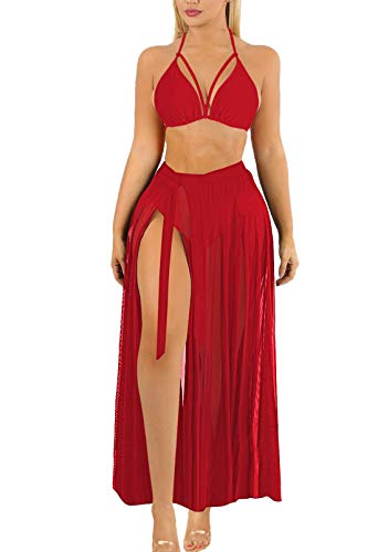 Sovoyontee Damen Sexy 3-teiliges Badeanzug Bikini Sets mit Rock Cover Up - Rot - Medium von Sovoyontee