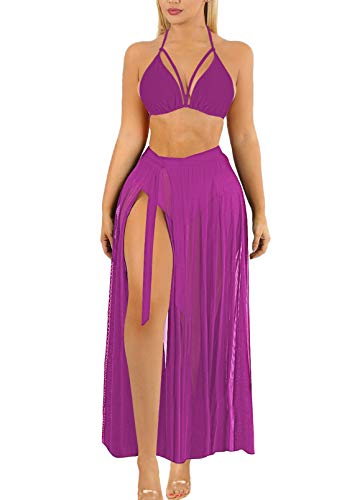 Sovoyontee Damen Sexy 3-teiliges Badeanzug Bikini Sets mit Rock Cover Up - Violett - Small von Sovoyontee