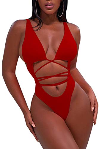 Sovoyontee Damen Sexy Einteiler Badeanzüge Bikini Badeanzug, Rot von Sovoyontee