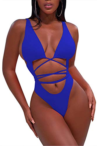 Sovoyontee Damen Sexy One Piece Badeanzug-Bikini-Badeanzug Mittel Saphirblau von Sovoyontee