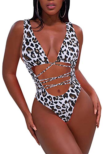 Sovoyontee Damen Sexy Einteiler Badeanzüge Bikini Badeanzug, Weißes Leopardenmuster, Medium von Sovoyontee