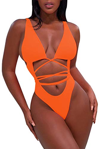 Sovoyontee Damen Sexy Einteiler Badeanzüge Bikini Badeanzug - Orange von Sovoyontee