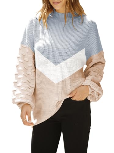 Sovoyontee Niedlicher Übergroßer Damen-Pullover mit Rundhalsausschnitt, lockere Puffärmel, Grobstrick, Chevron | Grau-Weiß-Aprikose, X-Groß von Sovoyontee