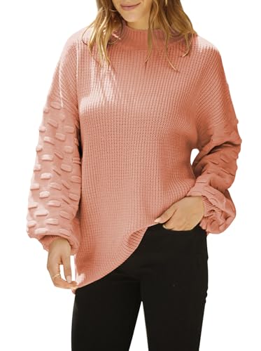 Sovoyontee Damen Herbst Oversized Rundhalsausschnitt Lange Puffärmel Grobstrick Pullover Pullover Tops, Rosa (Peachy Pink), Mittel von Sovoyontee