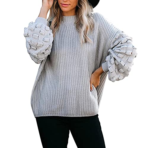 Sovoyontee Damen Süßer Oversized Crewneck Lose Puffärmel Grobstrick Pullover Sweater - Grau - Mittel von Sovoyontee