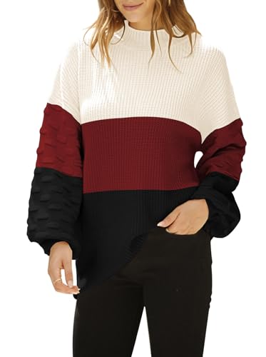 Sovoyontee Niedlicher Übergroßer Damen-Pullover mit Rundhalsausschnitt, lockere Puffärmel, Grobstrick, Stripe3 | apricot-rubin-schwarz, Groß von Sovoyontee