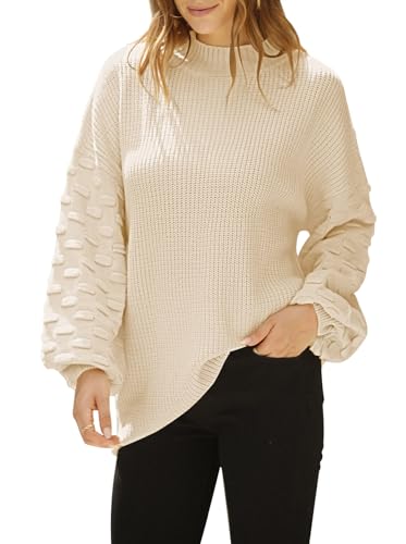 Sovoyontee Damen Herbst Oversized Rundhalsausschnitt Lange Puffärmel Grobstrick Pullover Pullover Tops, aprikose, Mittel von Sovoyontee