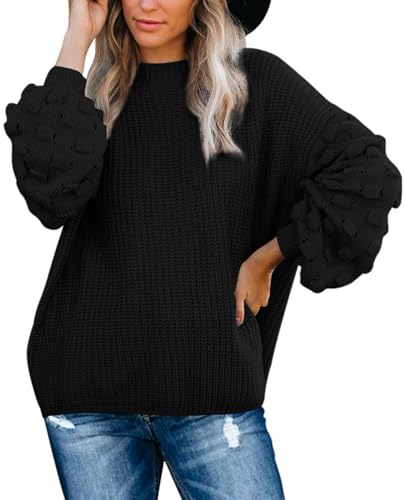 Sovoyontee Damen 2024 Herbst Oversized Rundhalsausschnitt Lange Puffärmel Grobstrick Pullover Sweater Tops, Schwarz, X-Groß von Sovoyontee